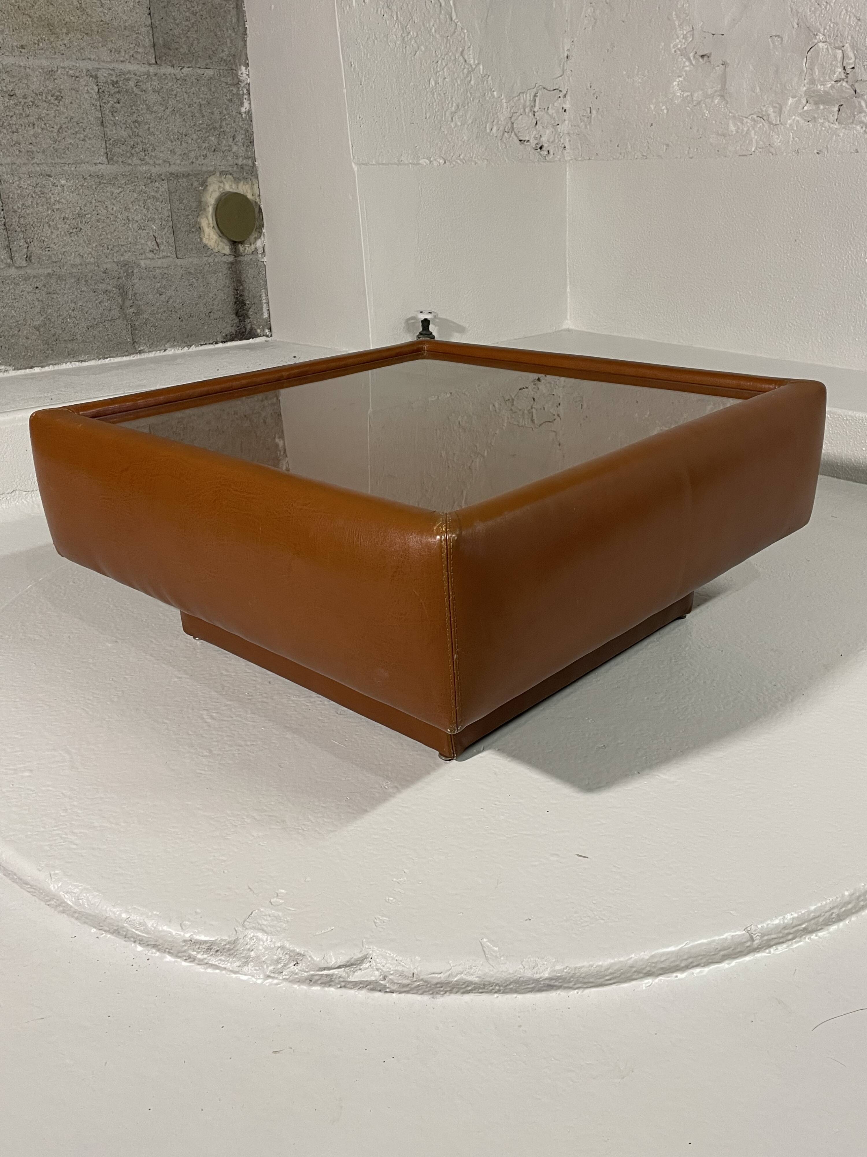 Cognac faux leather & glass coffee table