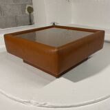 Table basse simili cuir cognac & verre