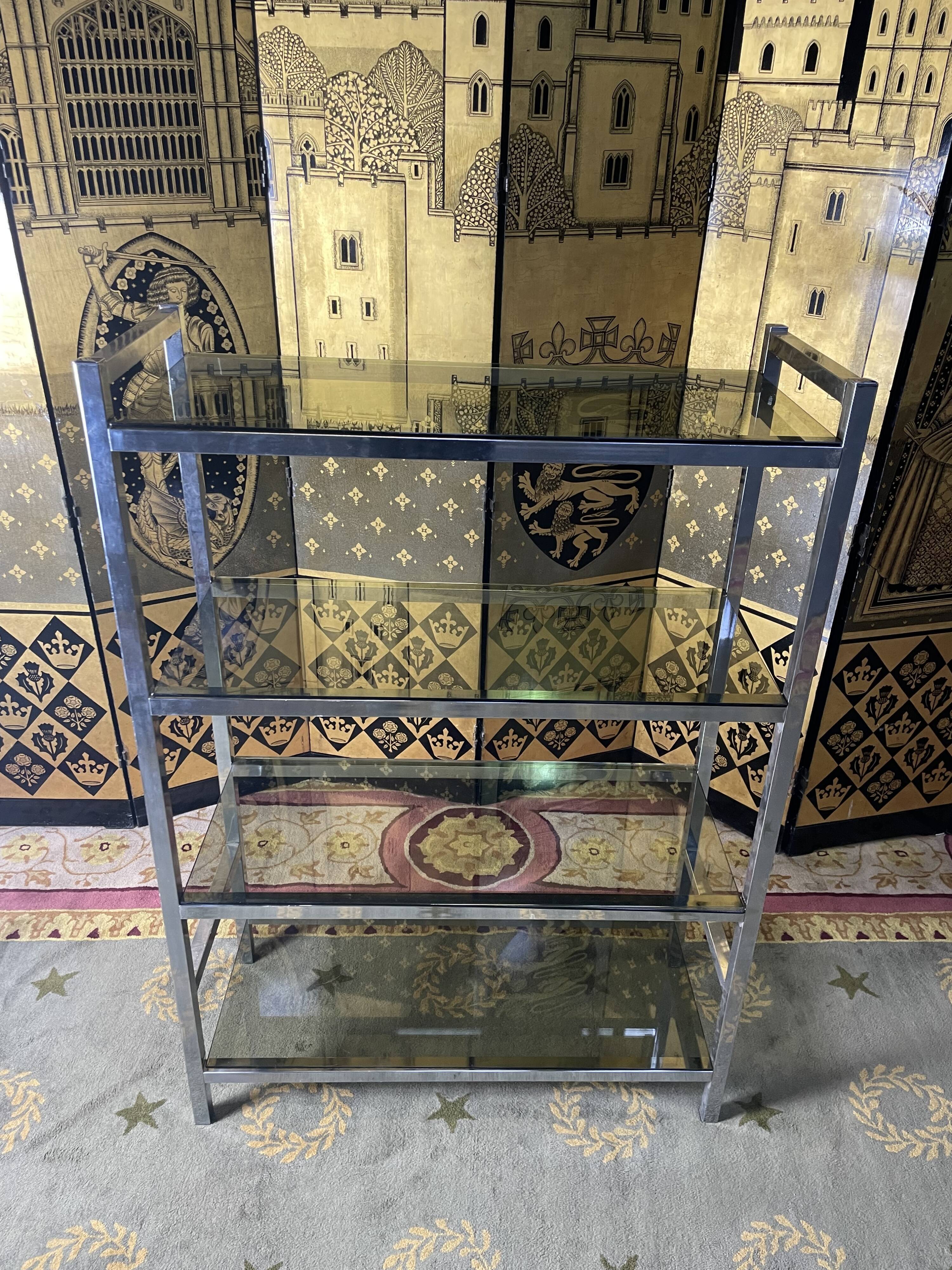 Shelf in chromed metal and smoked glass 1970