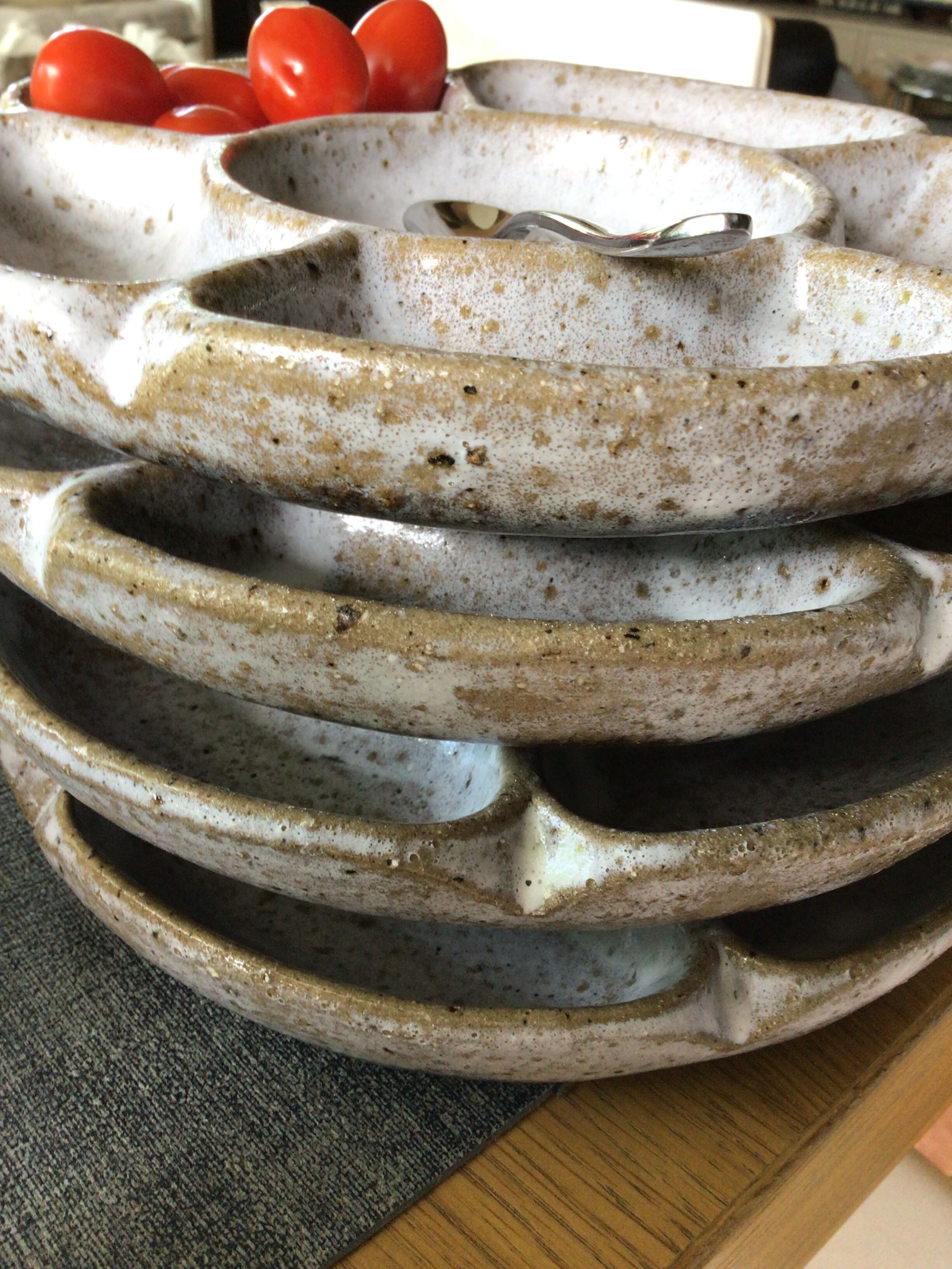 4 White compartmentalized handmade stoneware plates