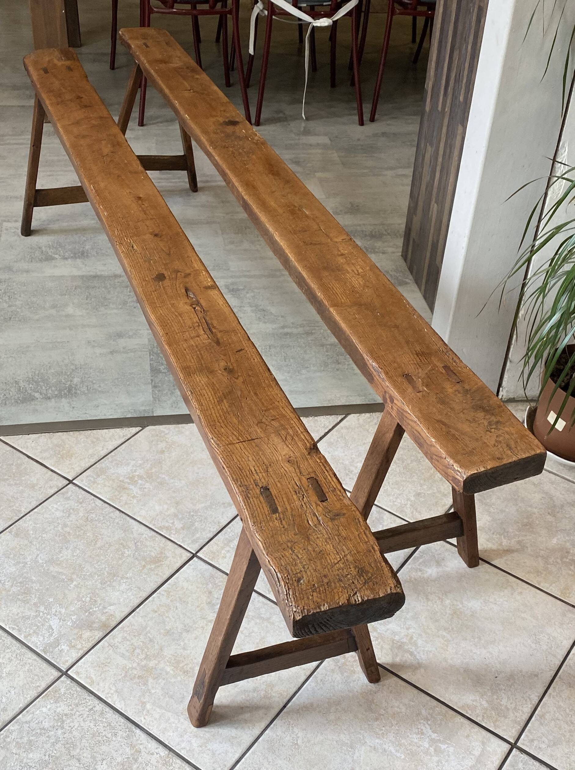 Pair of solid oak farmhouse benches 214cm for rustic table 1950