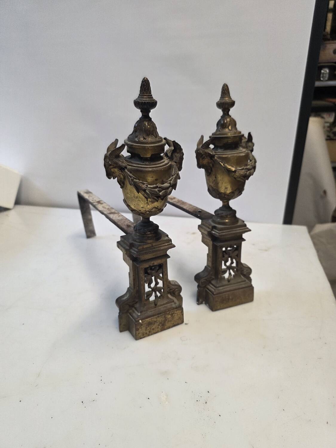 Pair of Louis XVI style andirons, 19th century in bronze