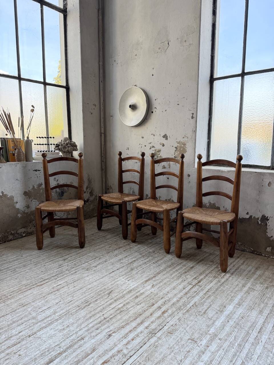 Set of 4 oak and straw chairs Dudouyt 1940