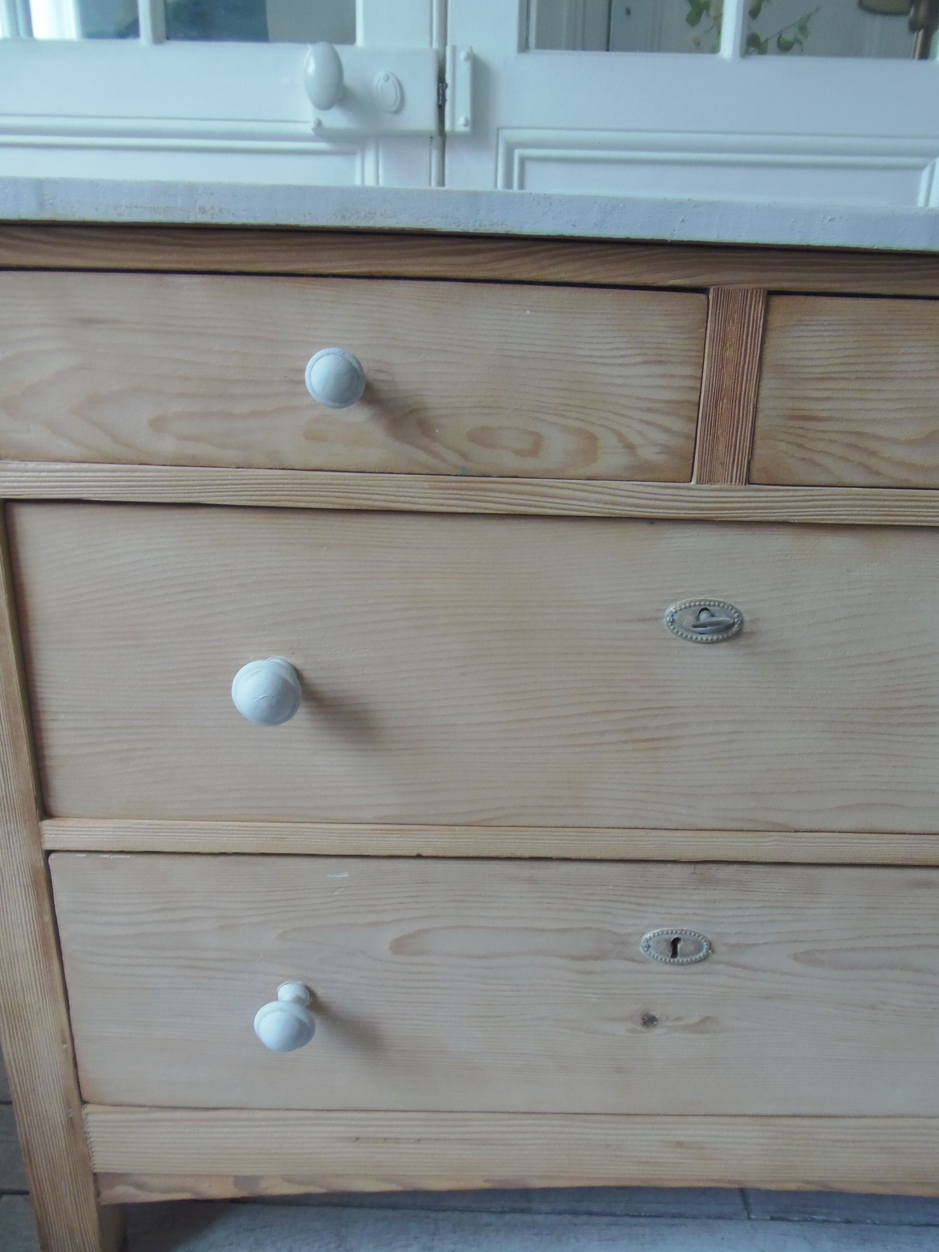 Vintage raw pitchpin chest of drawers, pearl grey patinated drawer tray buttons