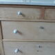 Vintage raw pitchpin chest of drawers, pearl grey patinated drawer tray buttons