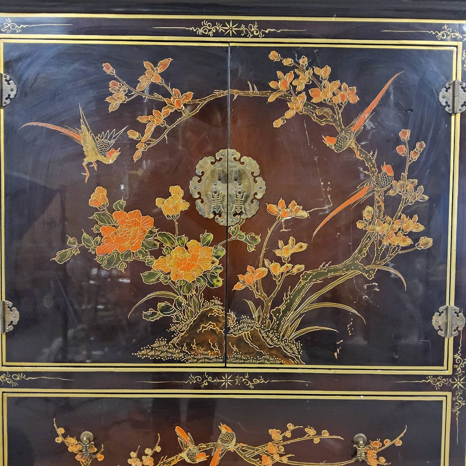 Vintage red / gold Chinese lacquer cabinet with flowers and birds