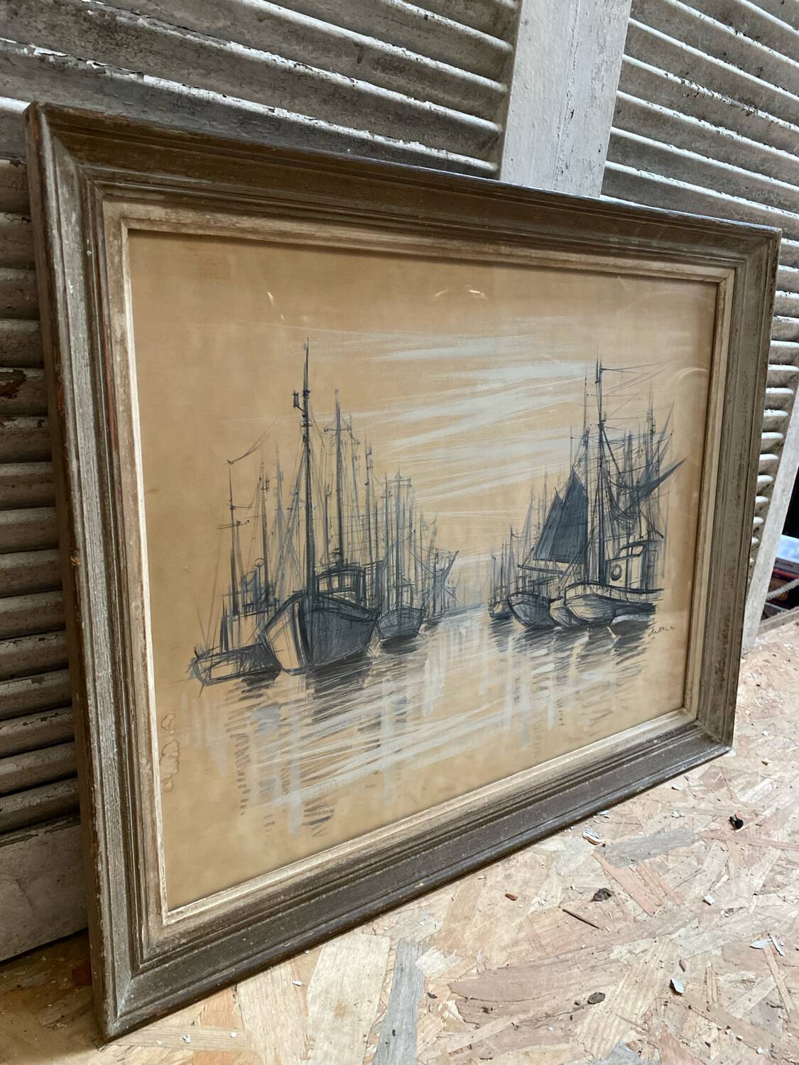 Old gouache broutin urk fishing boats + wooden frame #b545