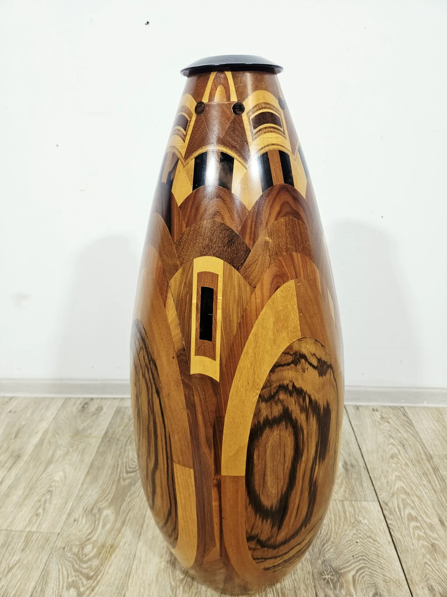 Monumental wooden floor vase / intarsia / wood mosaic / Africa / 1950s–1960