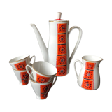 Cafetière orange et 4 tasses et pot à lait motif fleurs