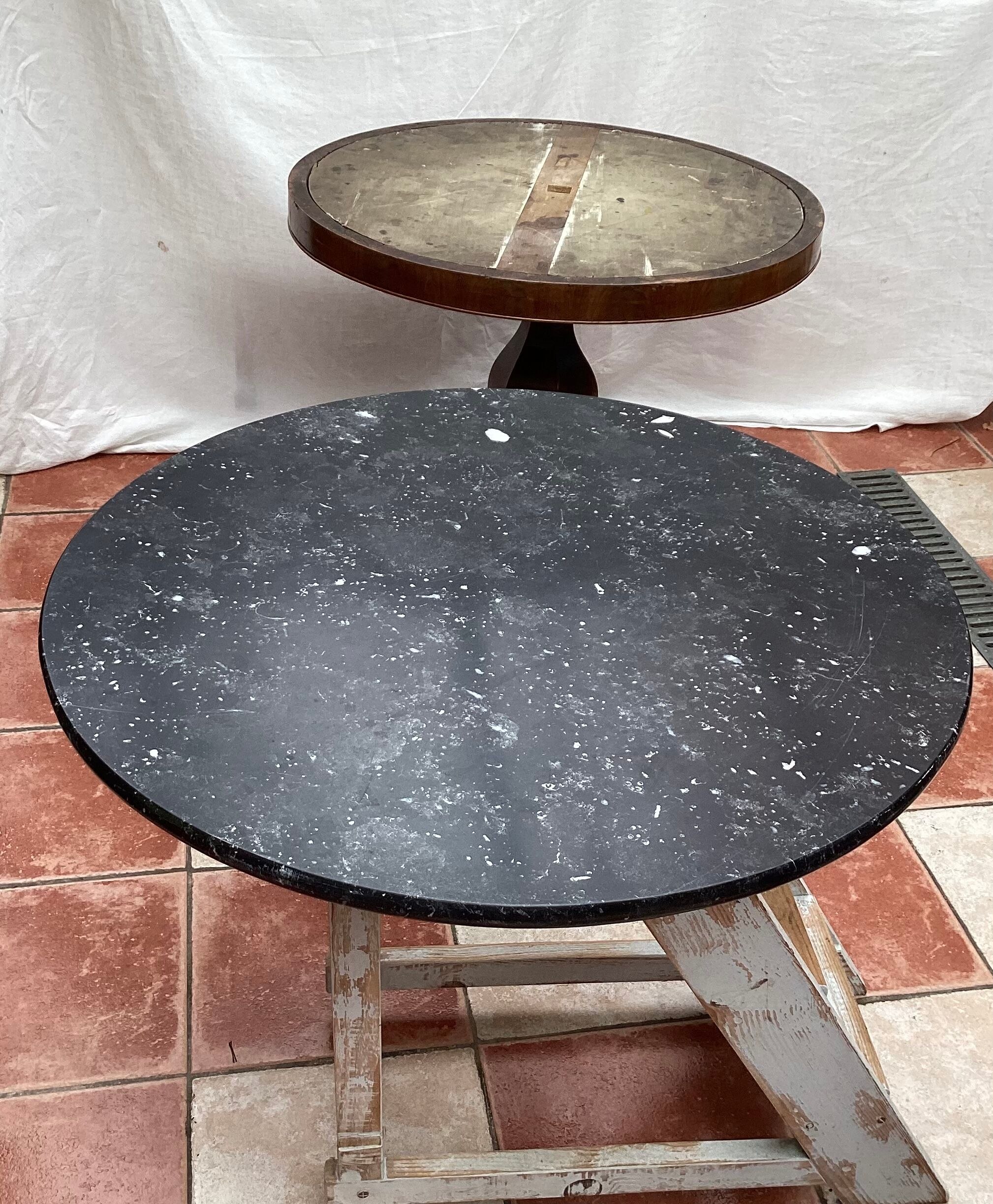 Old pedestal table in oak wood with marble