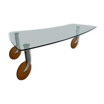 Vintage 90s design glass coffee table on casters
