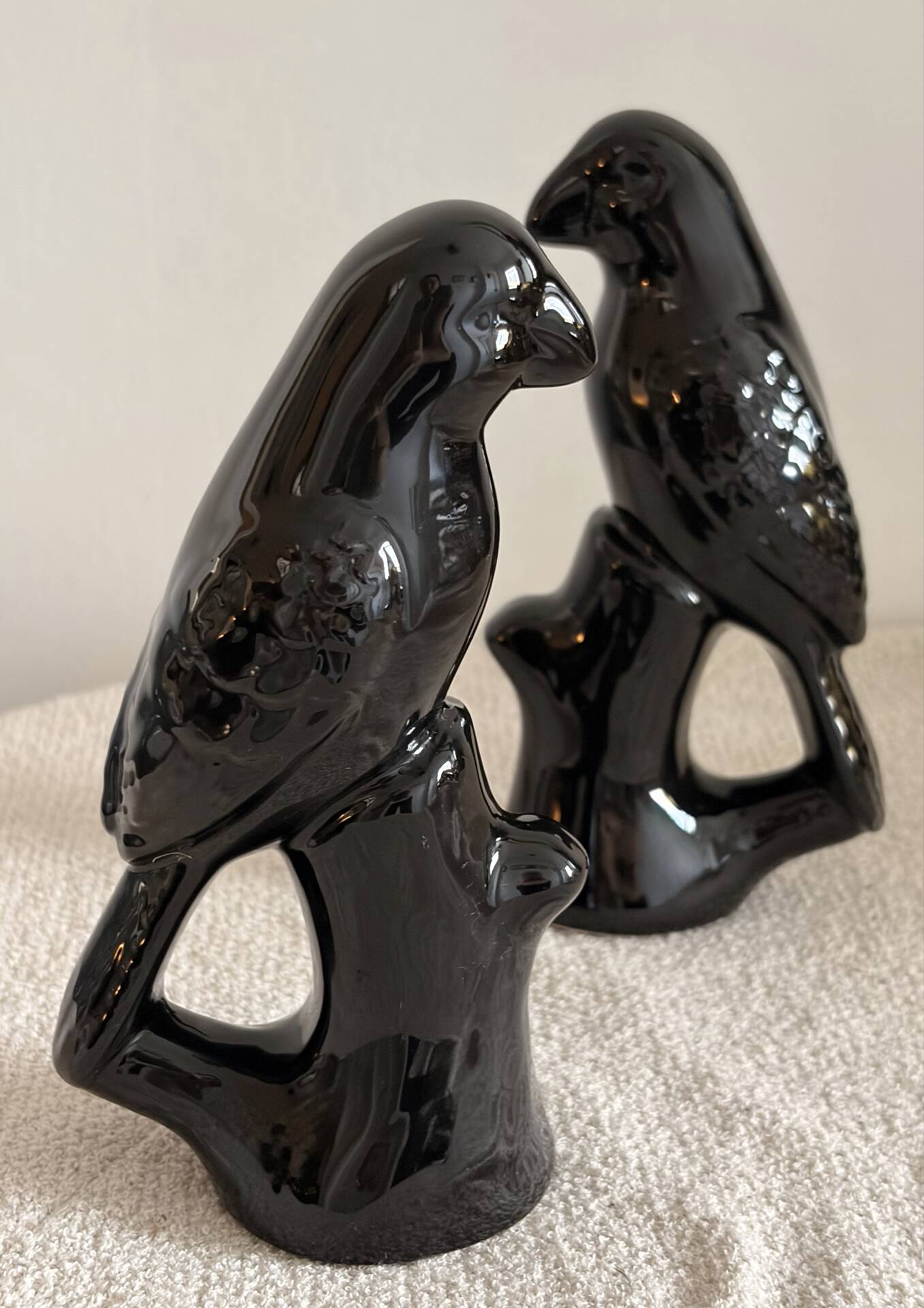 Pair of Mid-Century Gloss Black Ceramic Bird Figurines (Ravens/Crows)