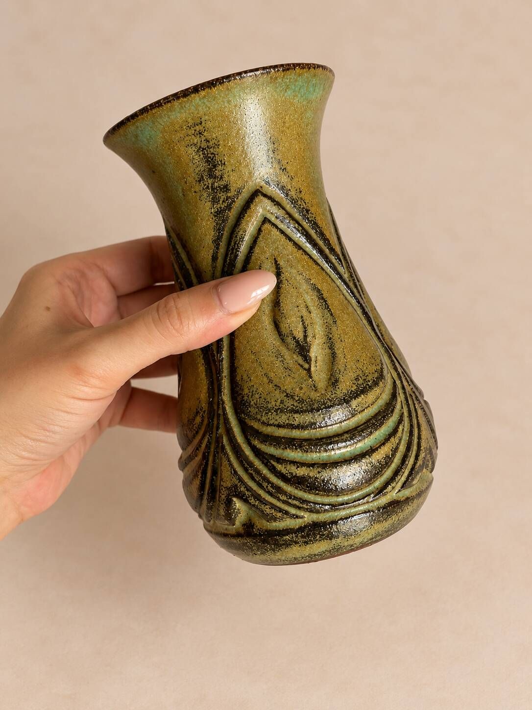 Khaki stoneware vase, wabi-sabi style, brutalist vintage ceramics.