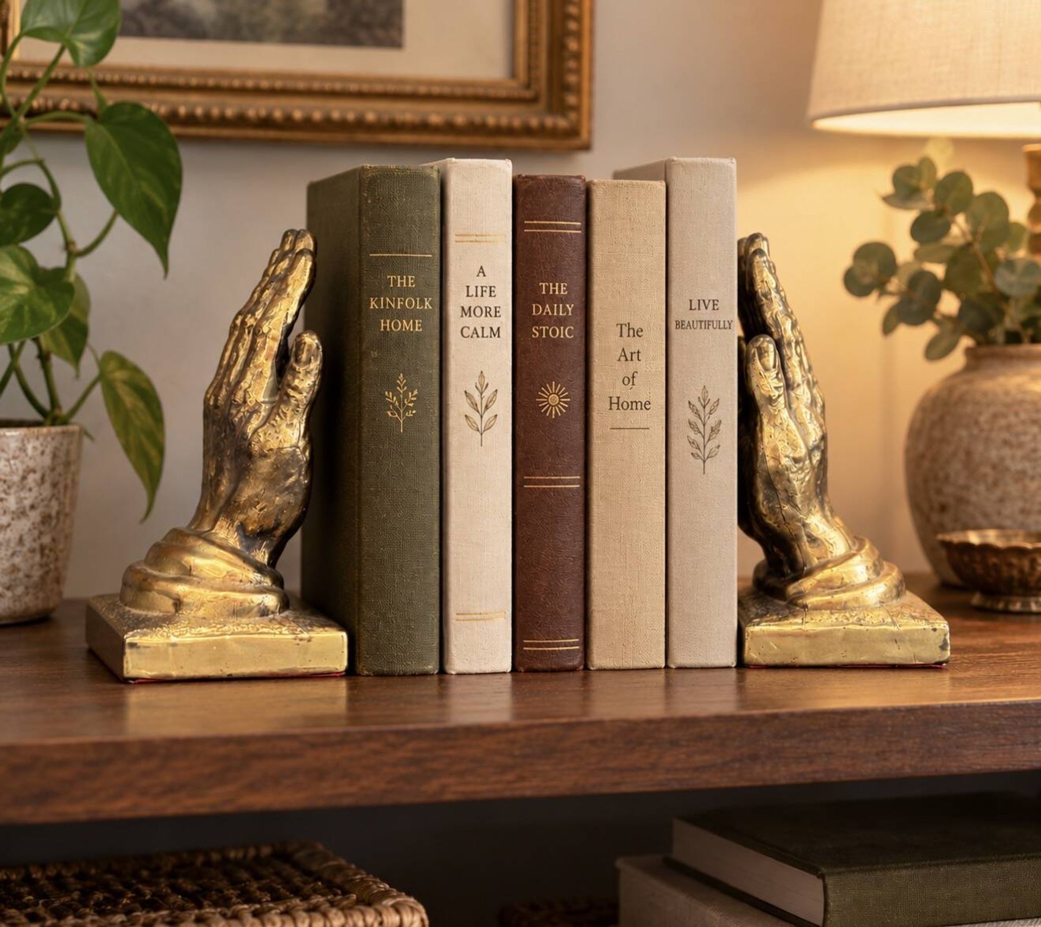 Paire de serre-livres vintage en bronze formant mains en prière dorées