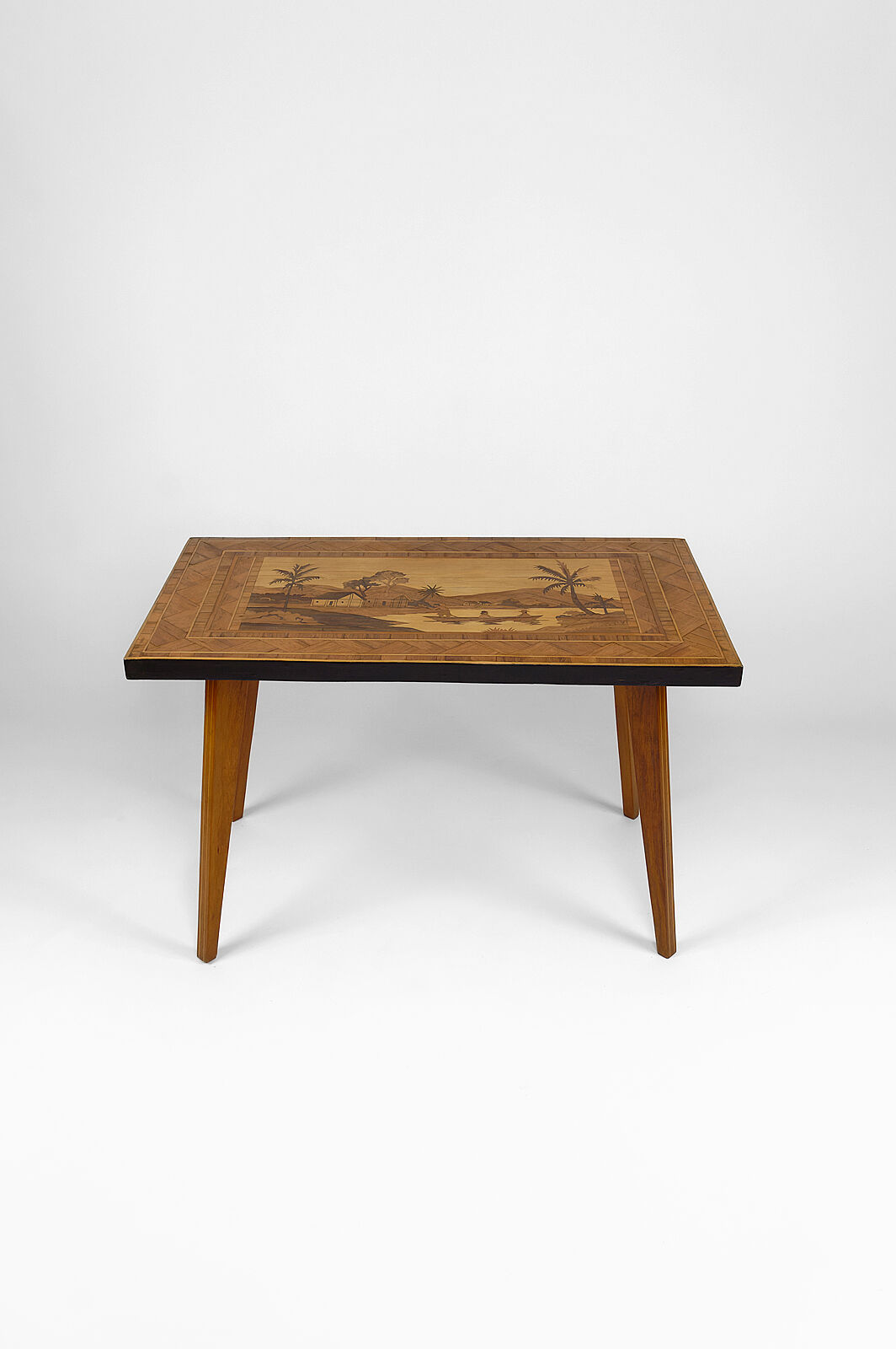 African Midcentury coffee table in inlaid wood, circa 1960