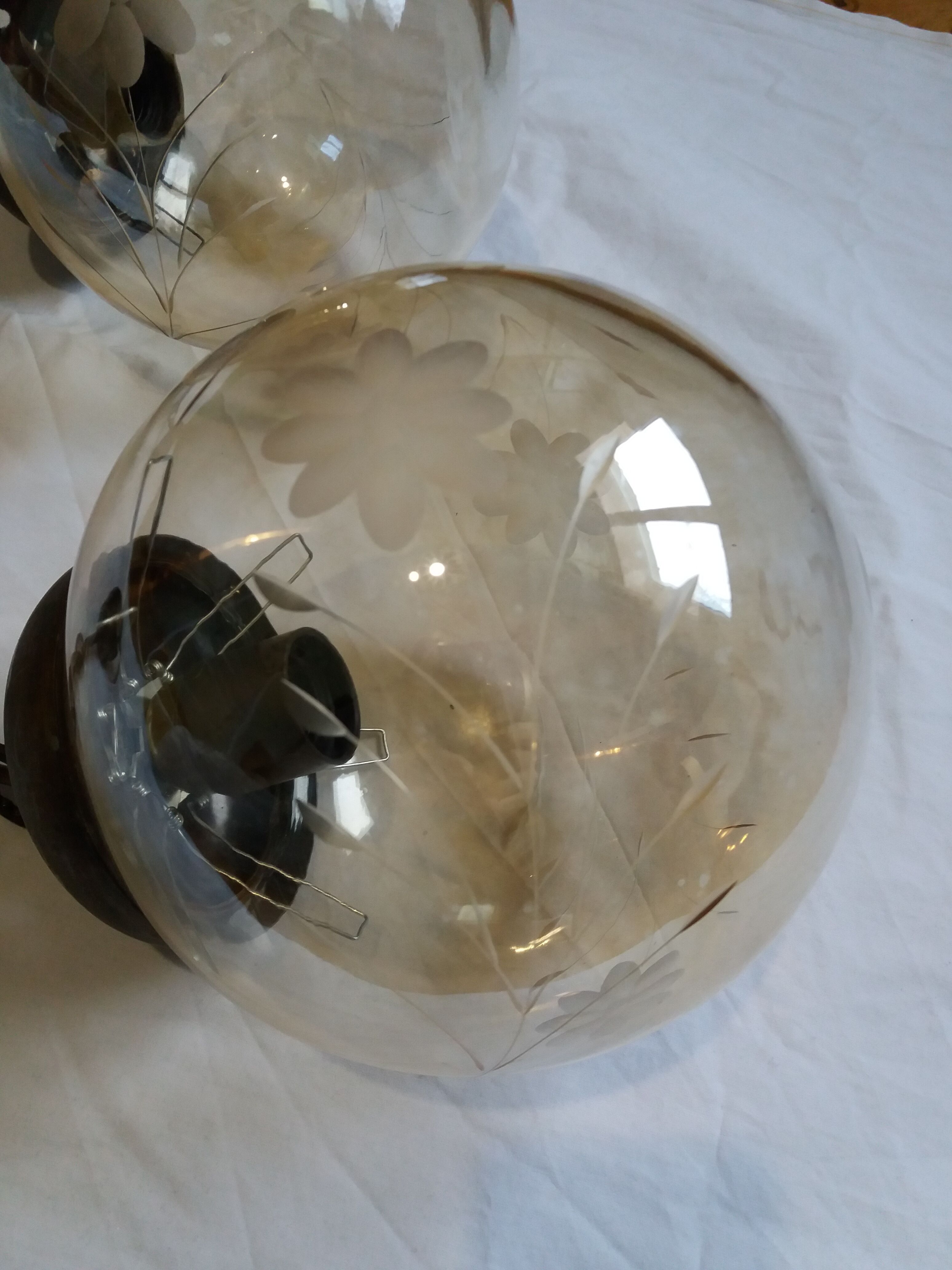 2 amber chiseled blown glass globe ball pendants