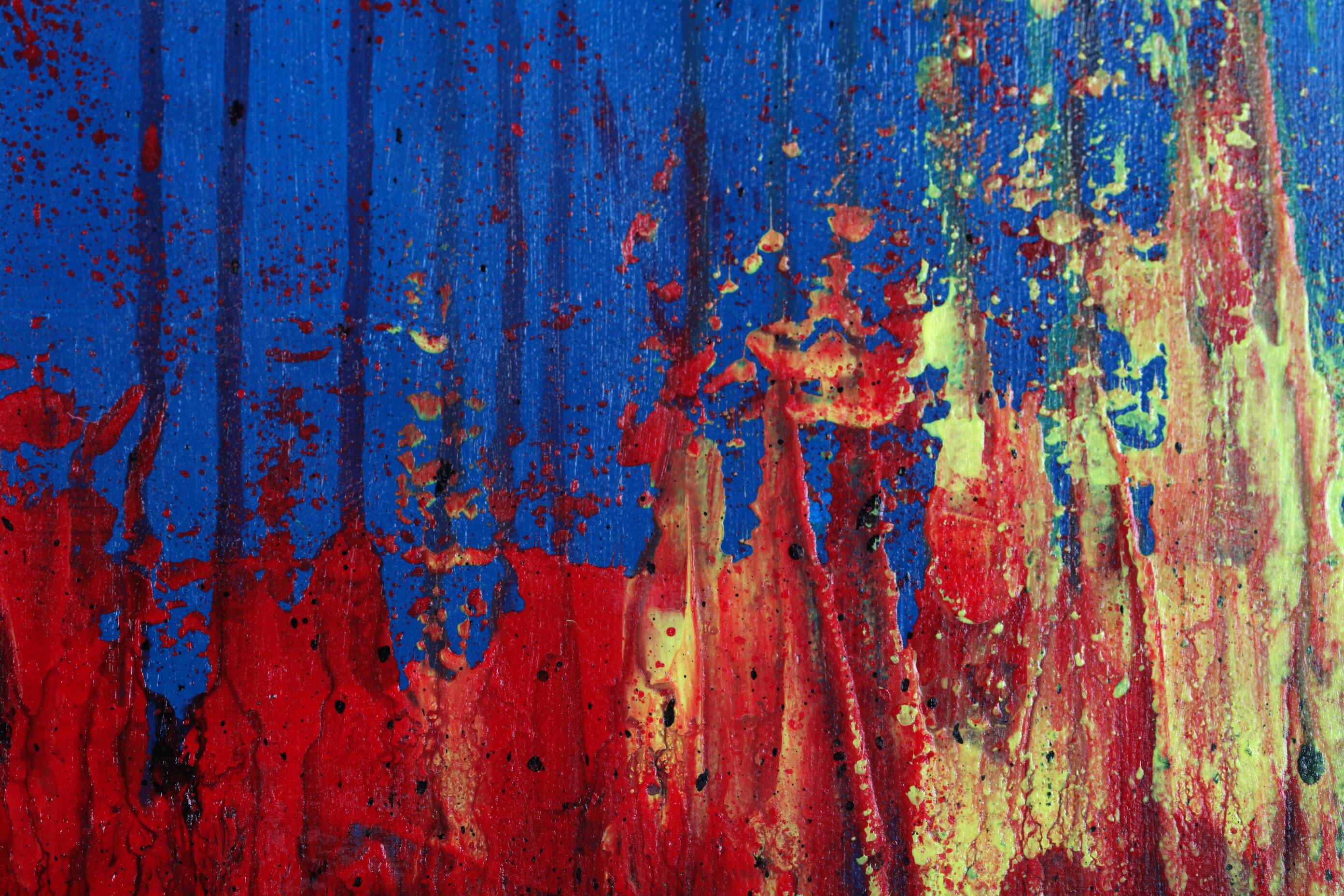 Contemporary abstract artwork in blue, red,black, yelow on stretched canvas