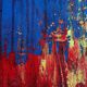 Contemporary abstract artwork in blue, red,black, yelow on stretched canvas