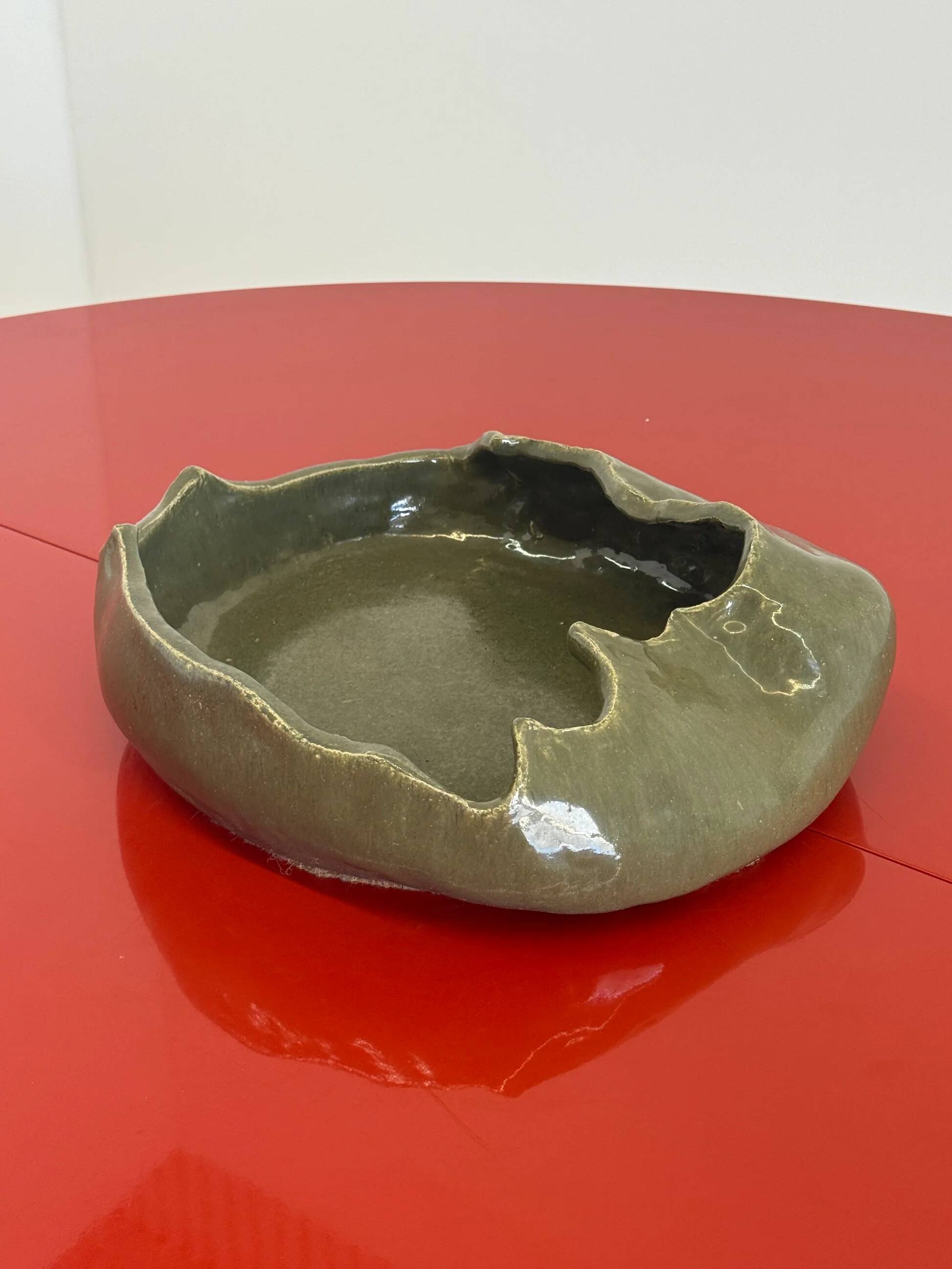 Vintage ceramic asymmetrical bowl in olive green