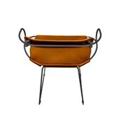 Kitchen stool with a smoked black metal backrest and natural tobacco leather.