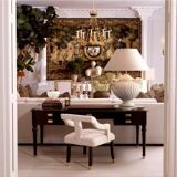 Pair of table lamps with antique look and brushed brass finish.