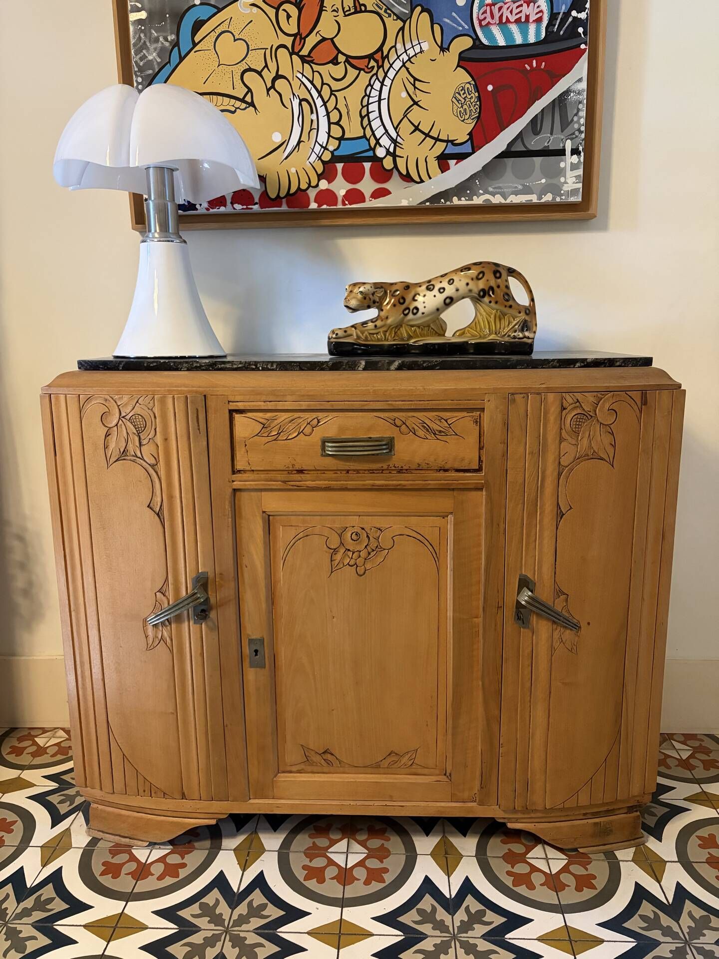 Buffet ancien en bois et marbre, style Art déco