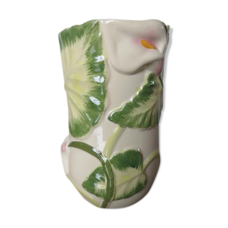 Vase motif floral en céramique numéroté et signé années 70