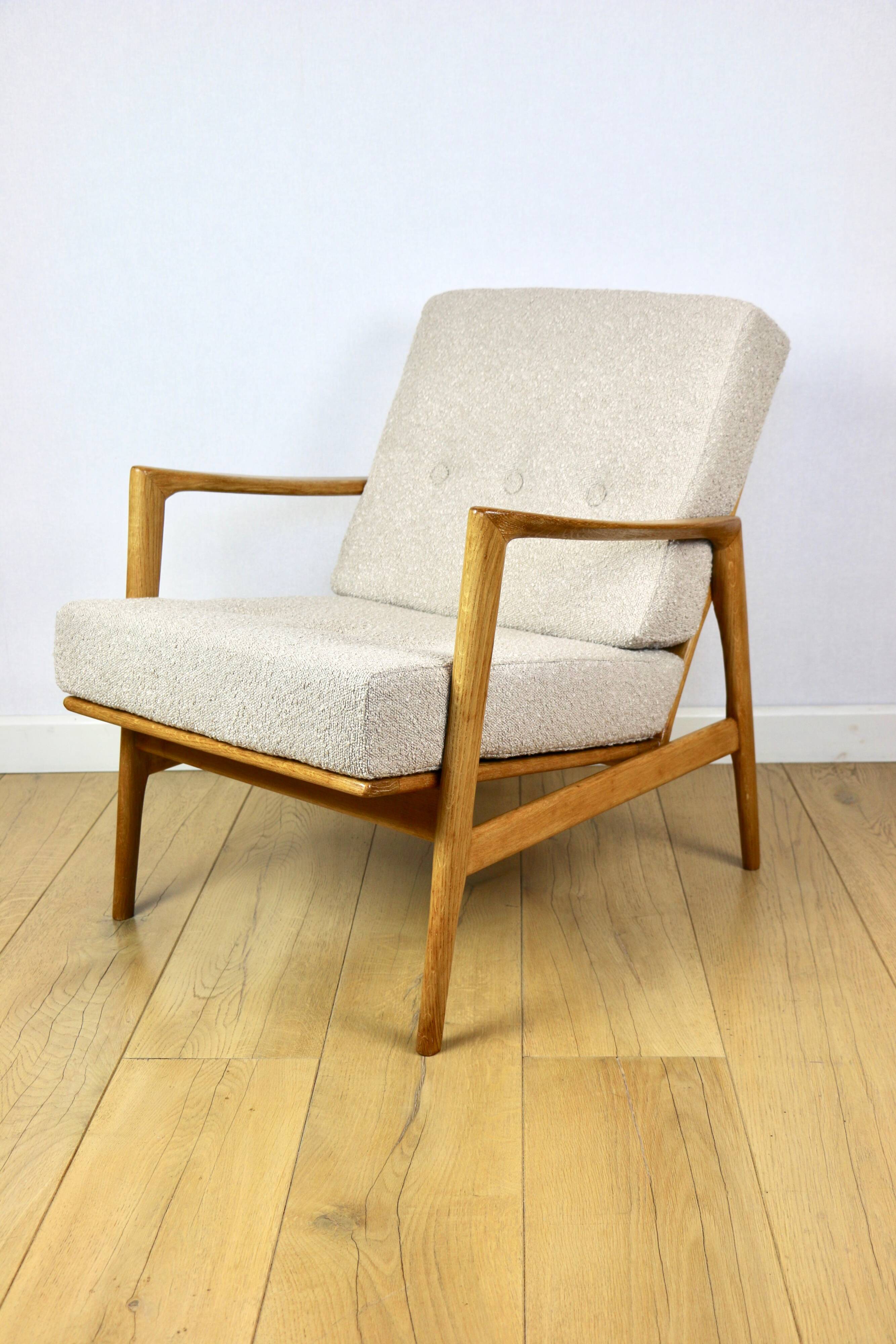 PRL armchair "Stefan" wooden oak vintage beige boucle