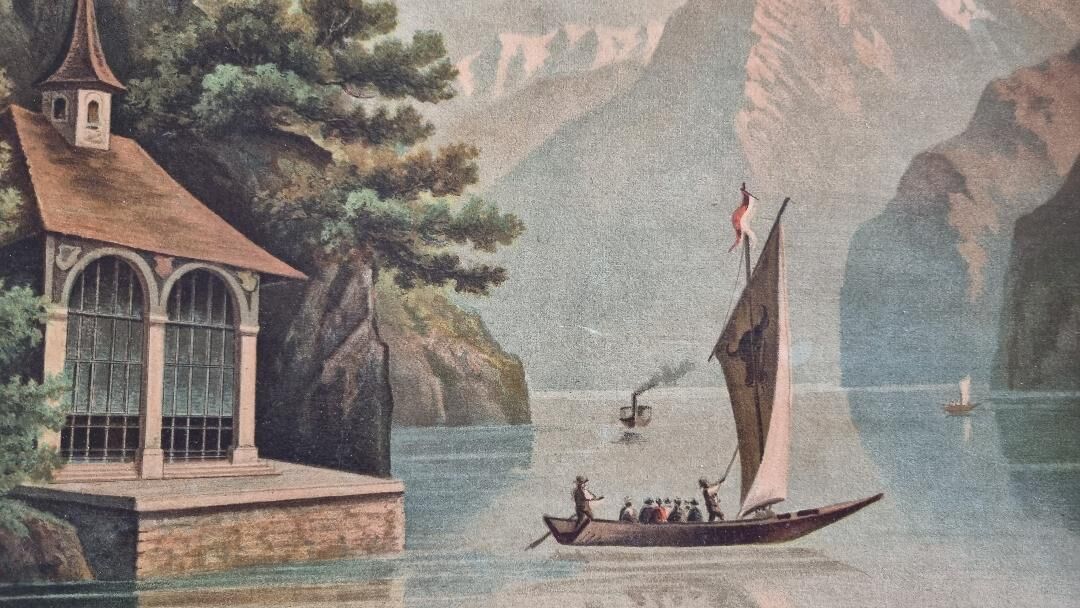 Old painting, oil on wood, representing Lake Annecy.