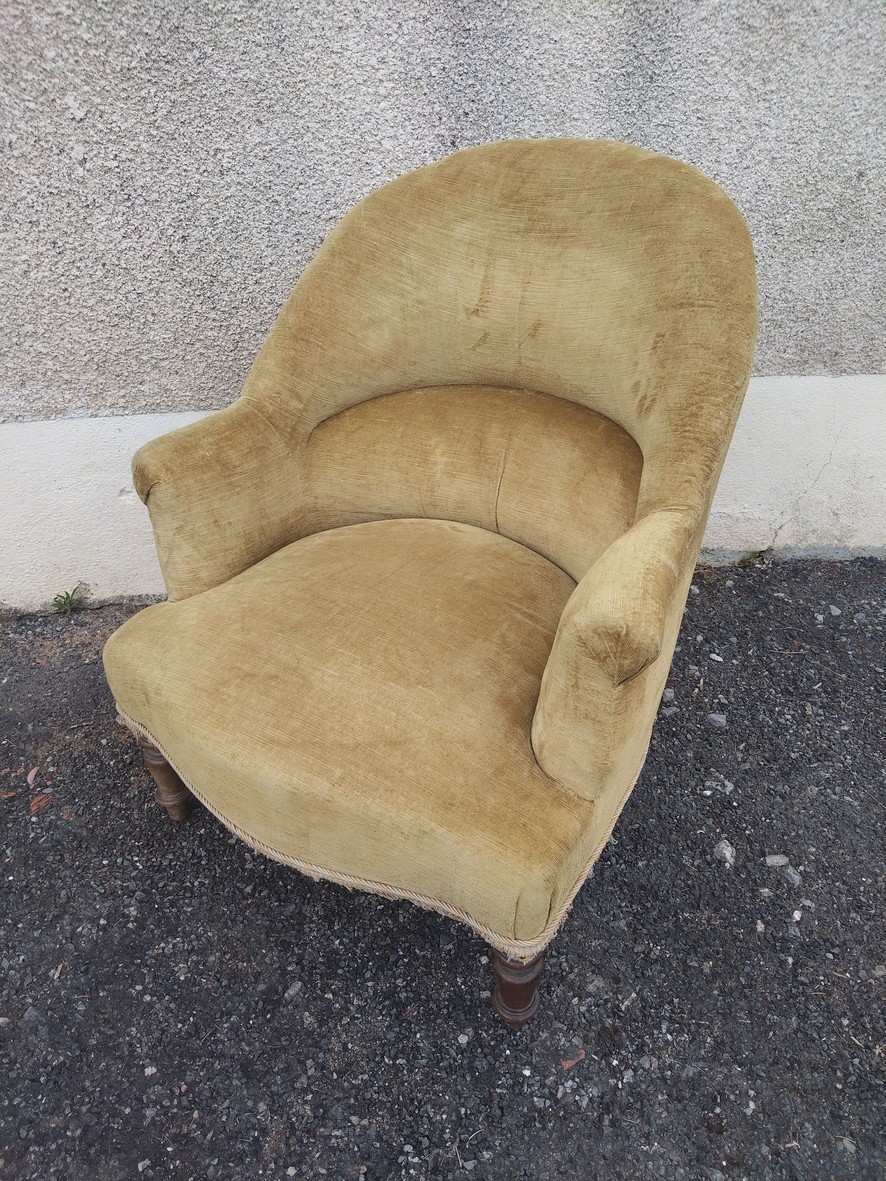 Antique Napoleon III crab chair in patinated mustard velvet.