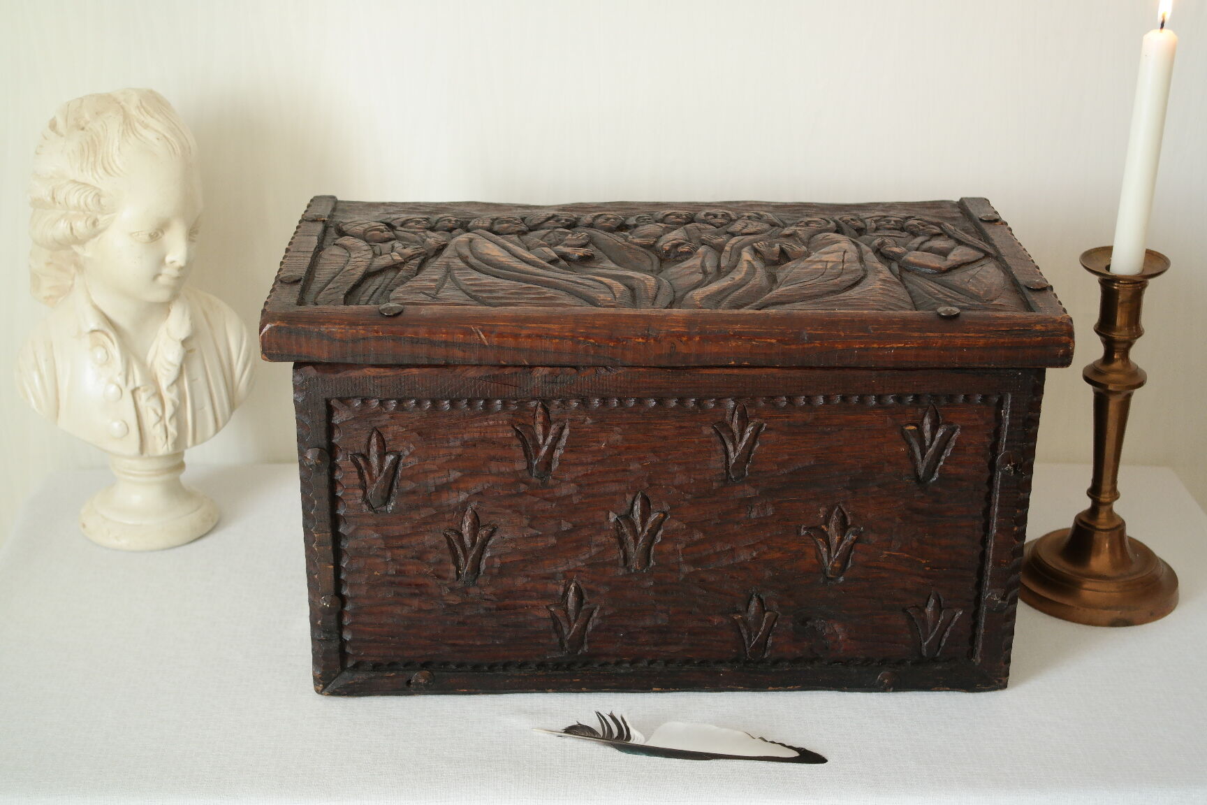 Carved wooden chest bas-reliefs artisanal XXth
