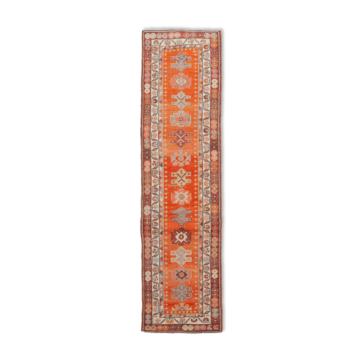 Hand-knotted distressed turkish red runner carpet 95 cm x 365 cm
