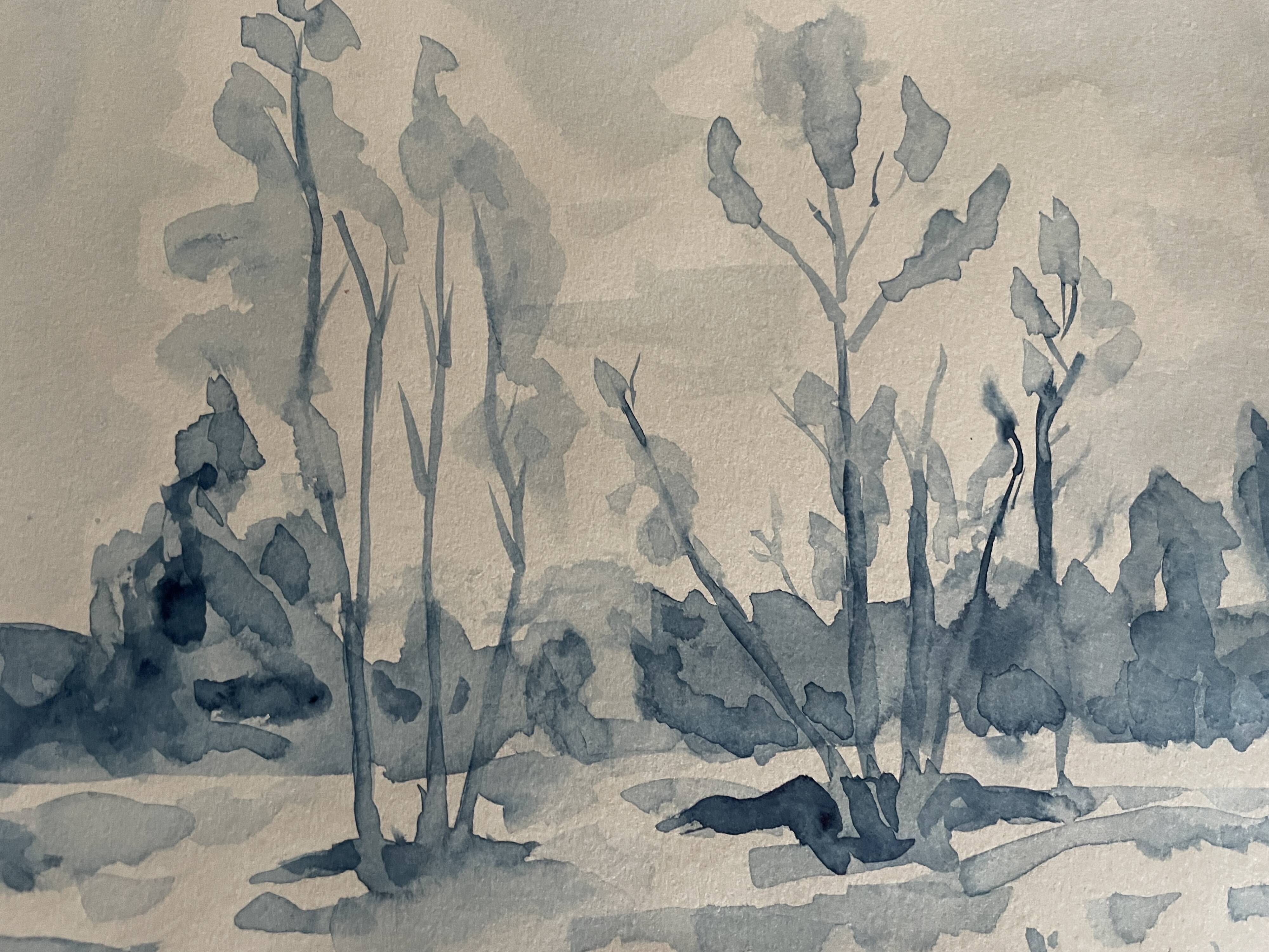 Tableau Aquarelle signé monochrome blue jeans « la forêt bleue »