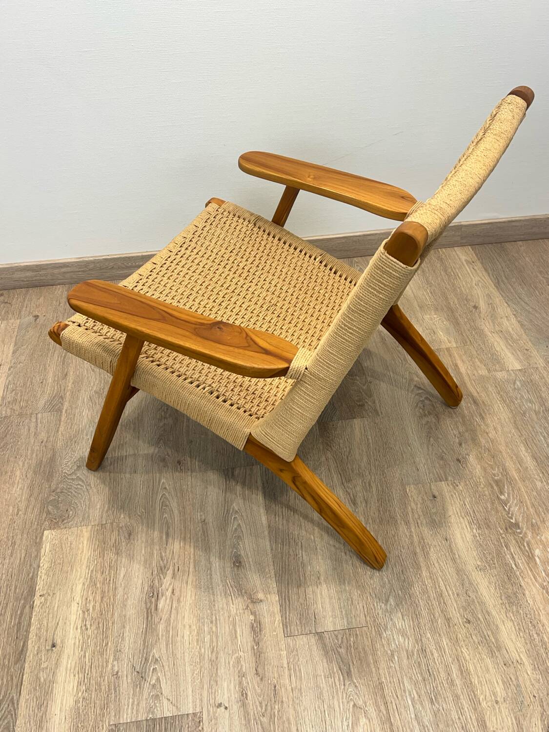 Pair of Scandinavian armchairs in woven solid teak.