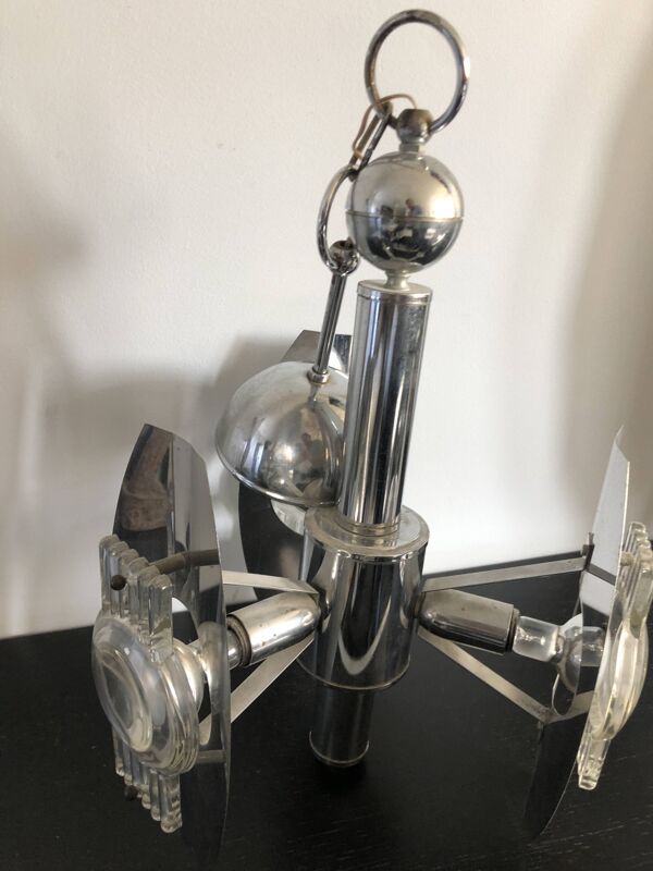 Lustre vintage en inox et verre moulé – design Space Age, années 70