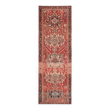 1970s Vintage Turkish Oushak Handmade Wool Cotton Red Runner Rug 101x305