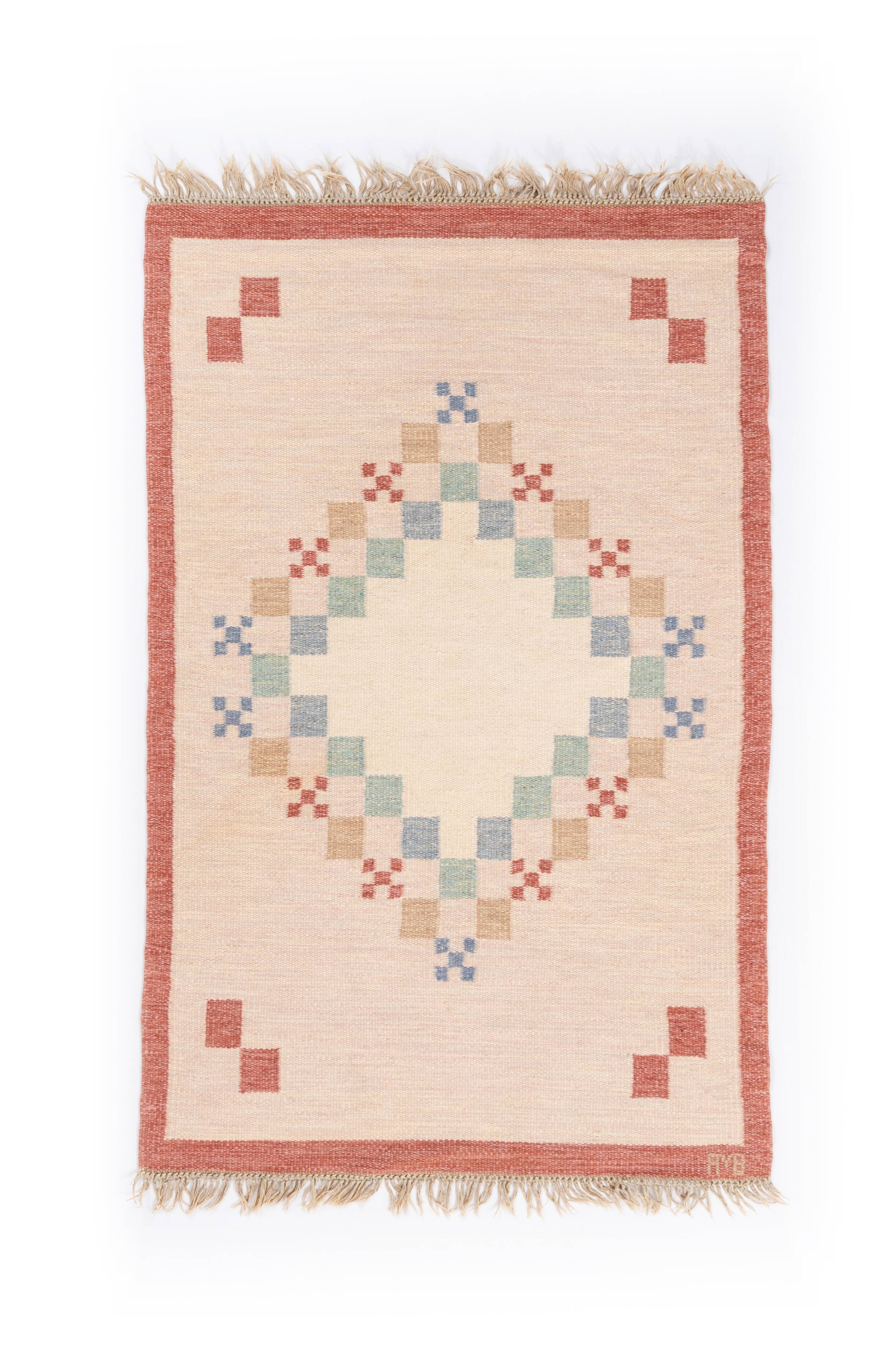 Scandinavian Mid-Century Flat Weave Rug by Anne-Marie Boberg. 202 (218 incl. the fringes) x 129 cm