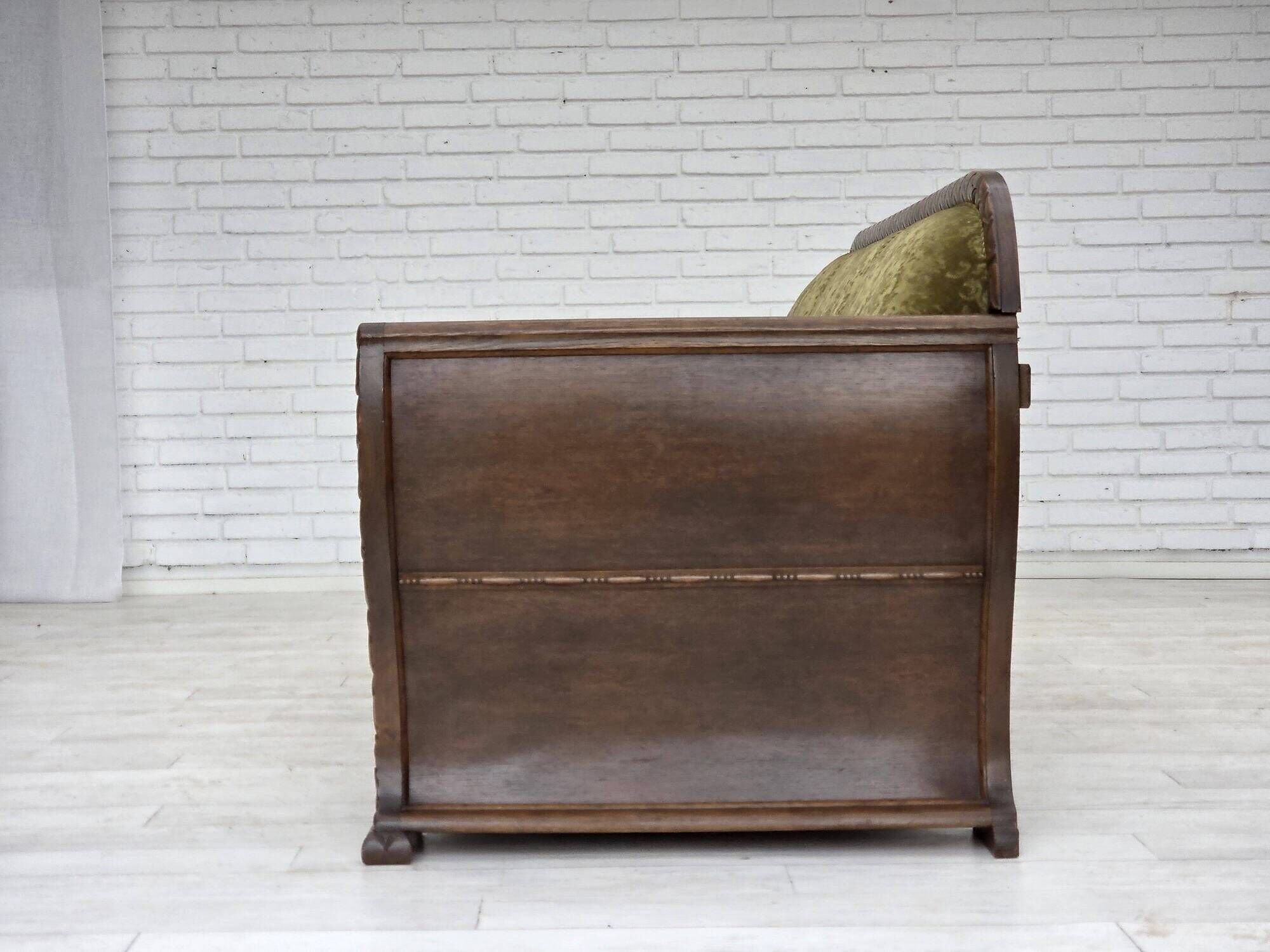 1950s, Danish 3-seater sofa, green furniture velour, oak wood.