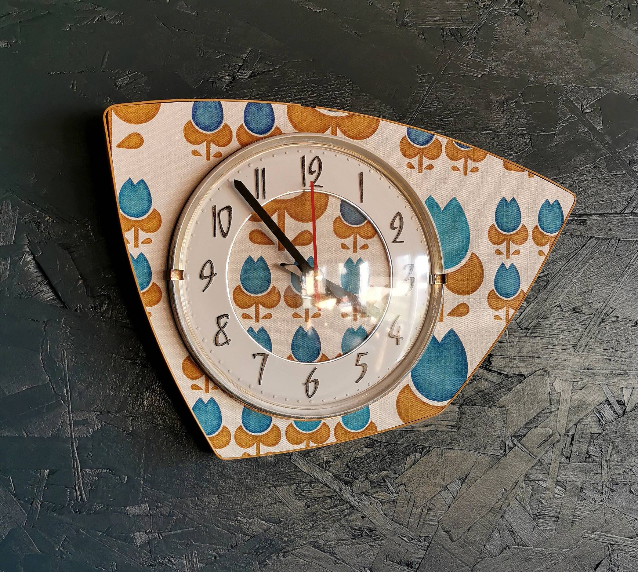 Vintage formica clock silent asymmetrical wall pendulum "Blue flowers"