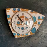 Vintage formica clock silent asymmetrical wall pendulum "Blue flowers"