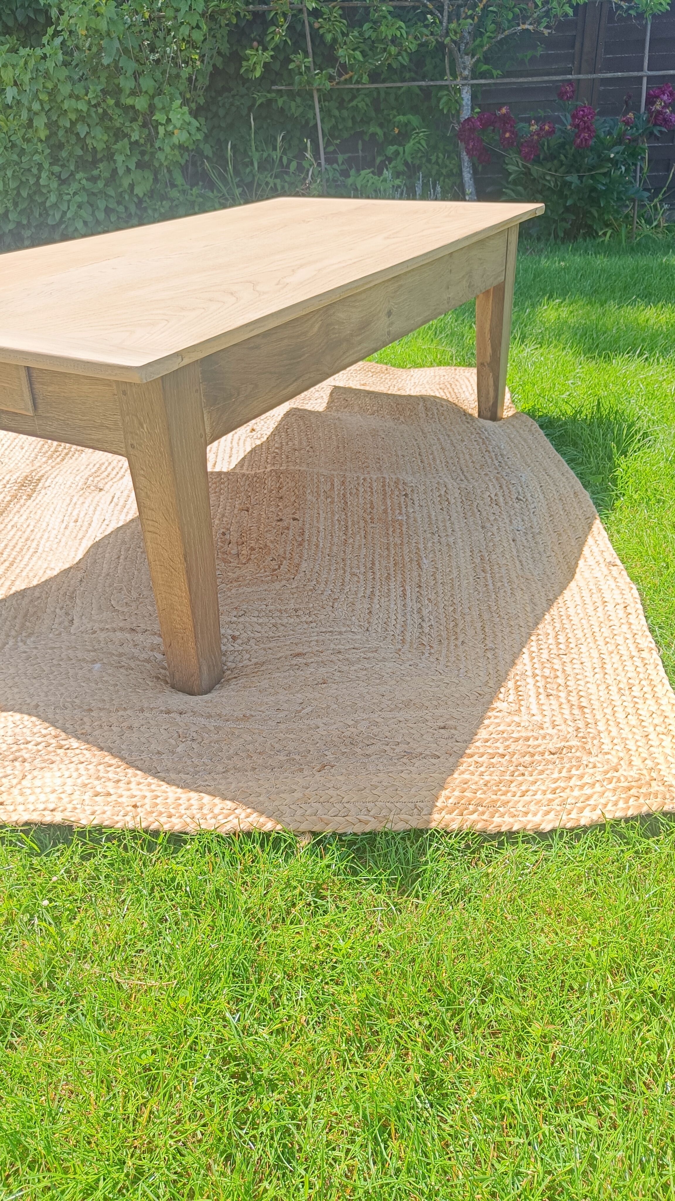 Large restored antique coffee table in solid oak.