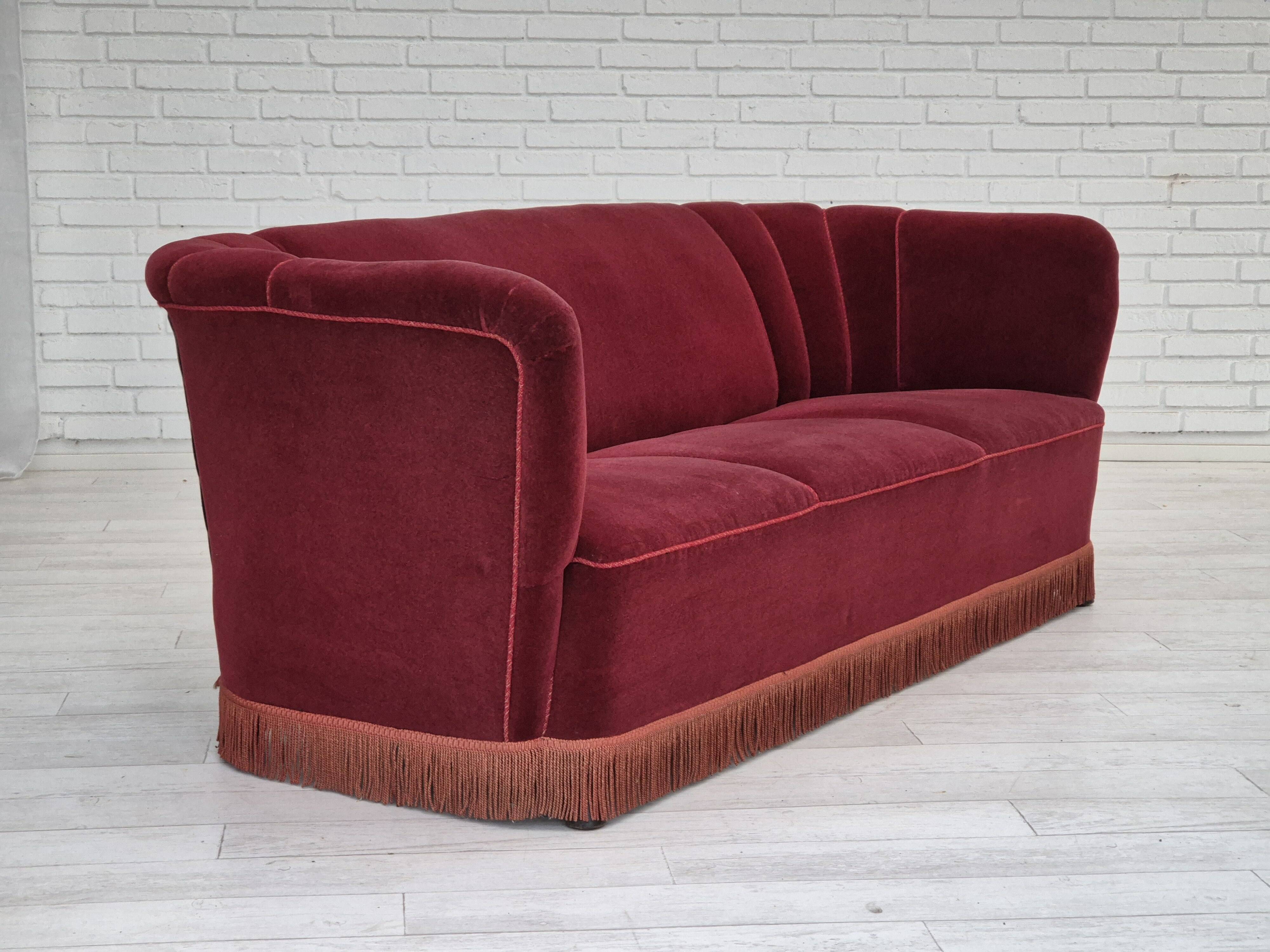 1960s, Danish 3 seater sofa, original condition, cherry-red furniture velour.