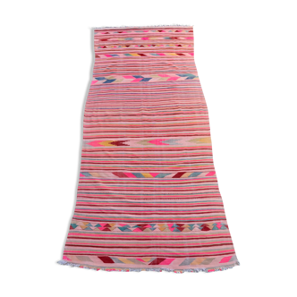XXL Handmade Striped Vintage Pink Algerian Berber Rug With Geometric Patterns 369x163 cm