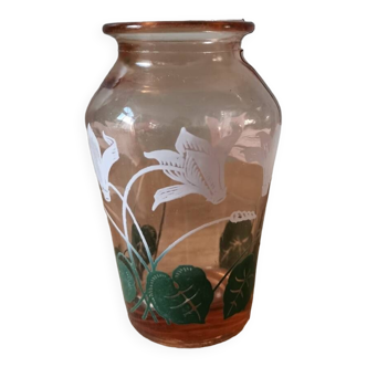 Vintage molded glass vase in pink screen-printed cyclamen flowers
