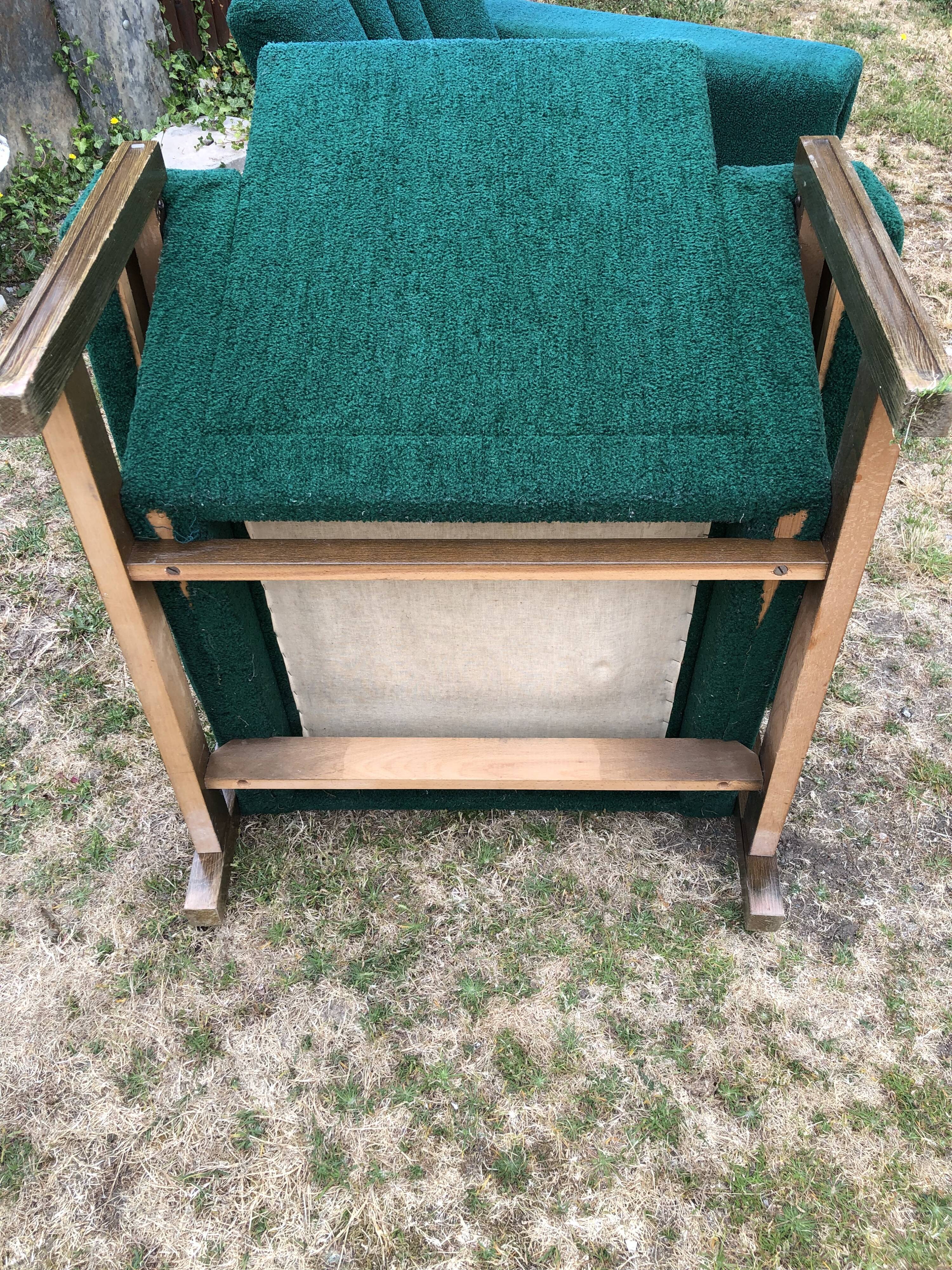 Duo of vintage armchairs with green fabrics.