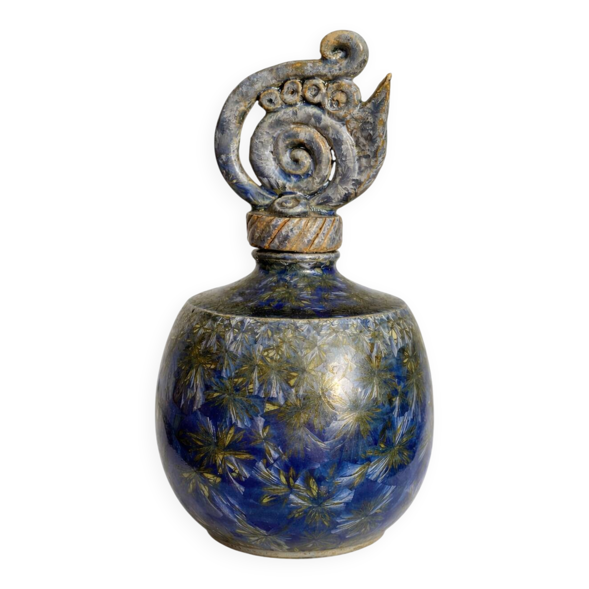Glazed stoneware bottle with crystallised glaze signed Francoise Roussel.