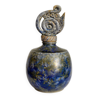 Glazed stoneware bottle with crystallised glaze signed Francoise Roussel.