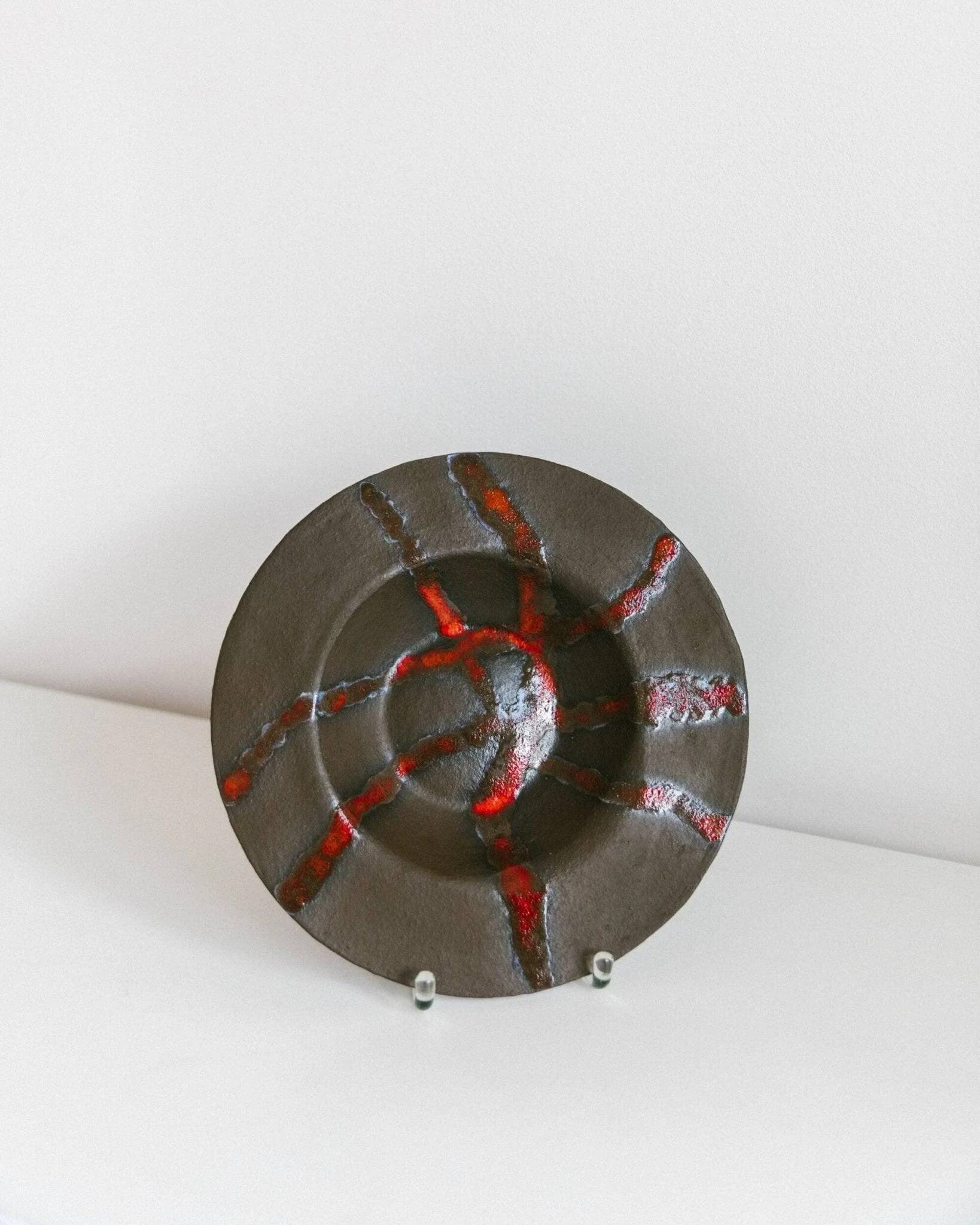 Brown Stoneware Bowl with Red Glaze Streaks, Partially Glazed-Vintage Italian Studio Ceramic, 1970s