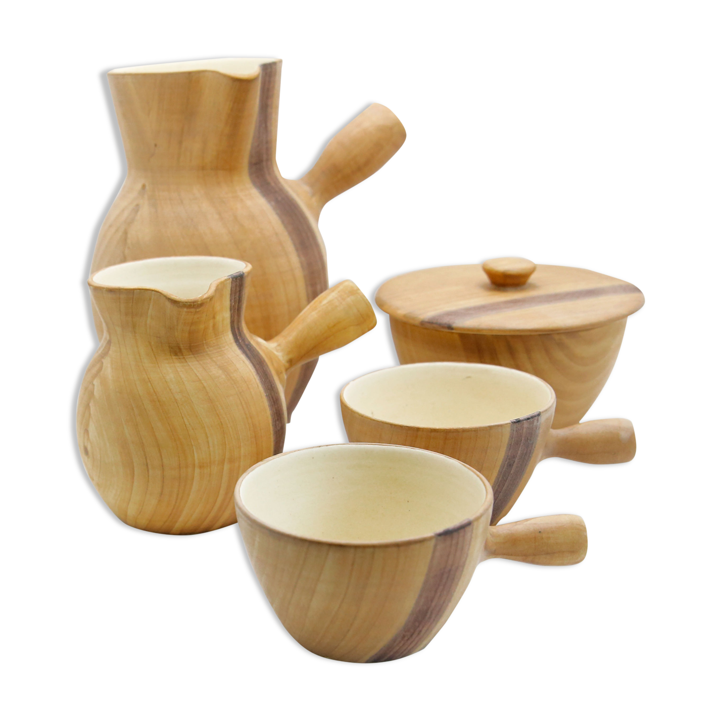 Coffee service in earthenware imitation olive wood by Grandjean Jourdan in Vallauris
