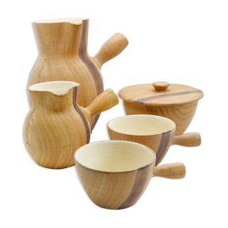 Coffee service in earthenware imitation olive wood by Grandjean Jourdan in Vallauris